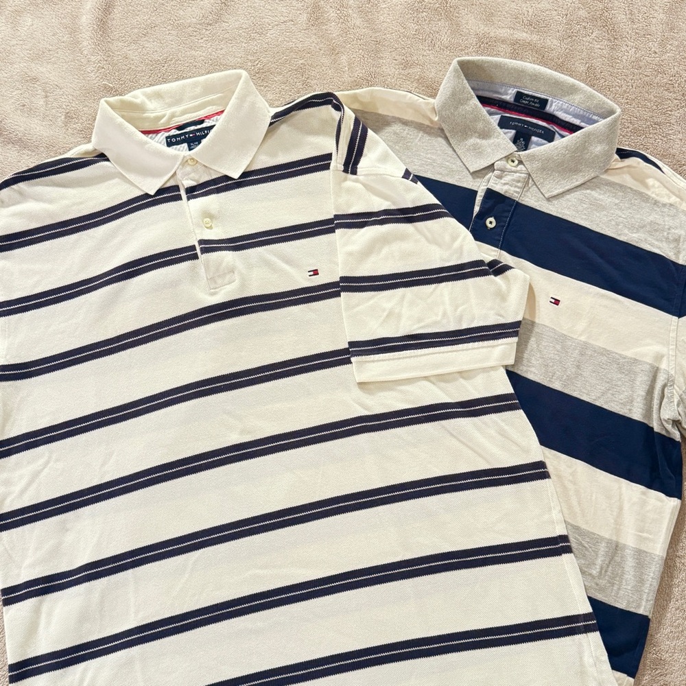 2 Classic Tommy Hilfiger Men's Polo Shirts White Gray Navy Stripes Flag Logo